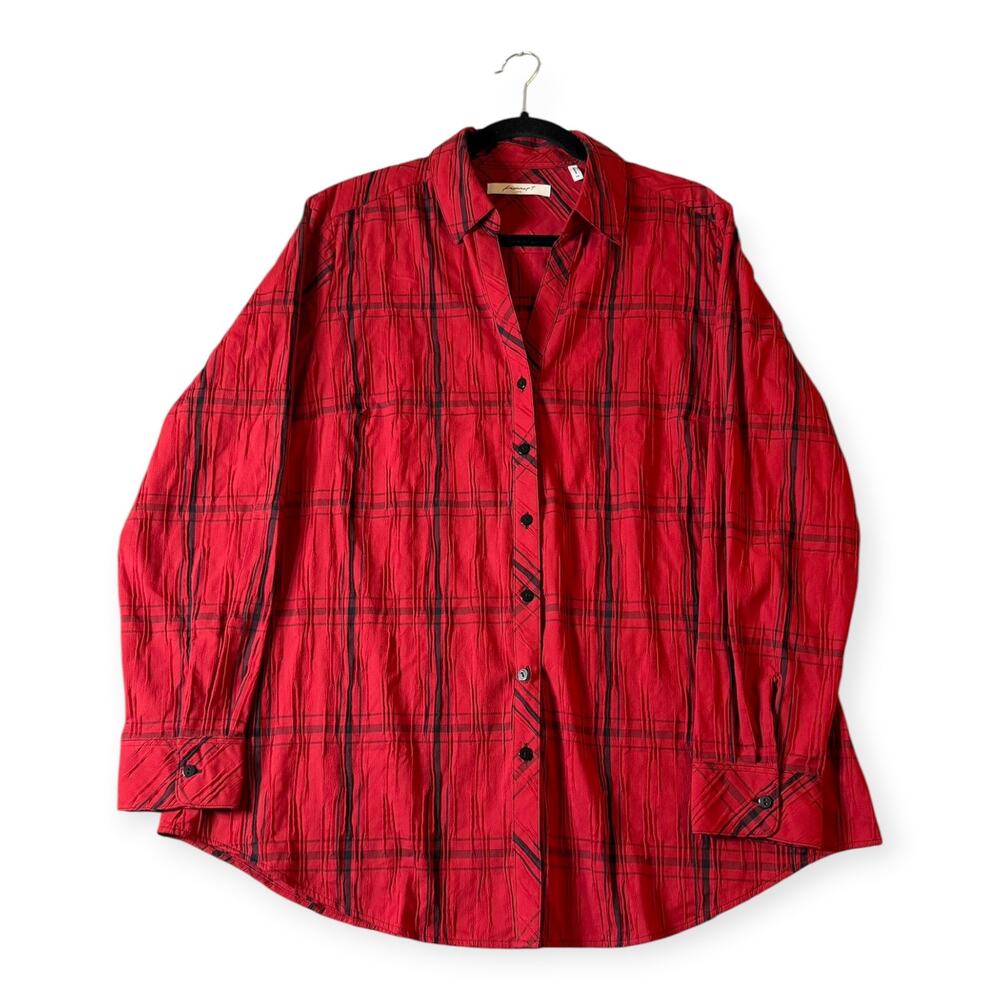 Foxcroft NYC Long Sleeve Button Up, Red/Black Plaid, Crinkle, Women's 16